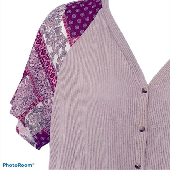 Altar'd State Waffle Knit Tie Front Blouse Patchwork Paisley Sleeves Size Small - Picture 7 of 14